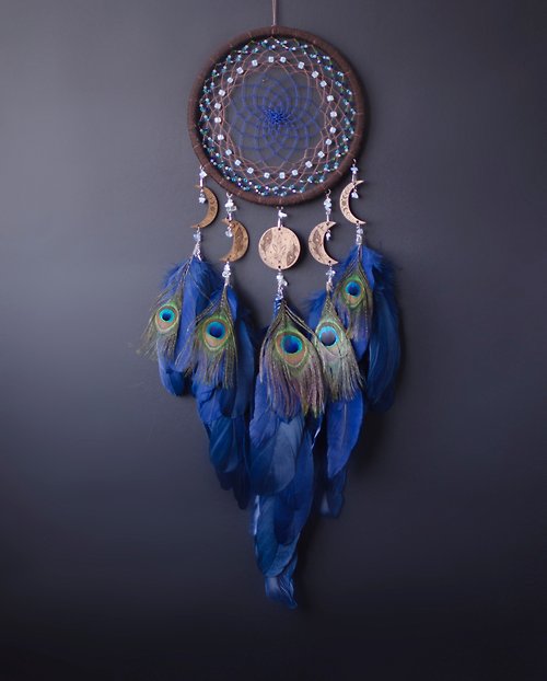 VIDADREAMS Navy Blue Dream Catcher with Peacock | Lunar with Moon Phases เครื่องดักฝัน