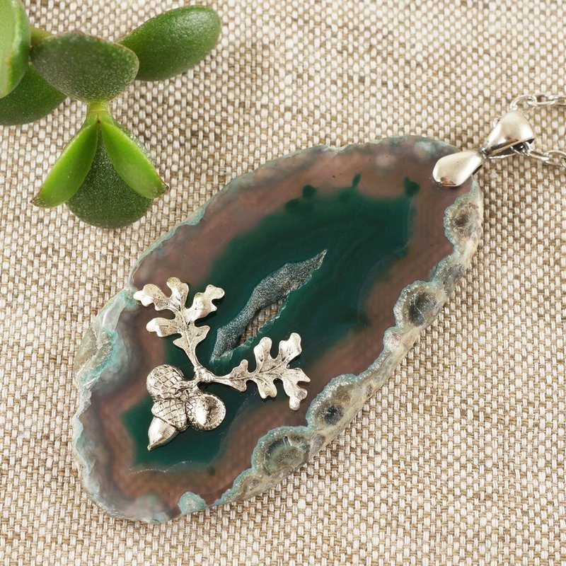 Green Agate Geode Slice Slab Silver Acorn Oak Leaf Pendant Necklace Jewelry Gift - 項鍊 - 半寶石 綠色