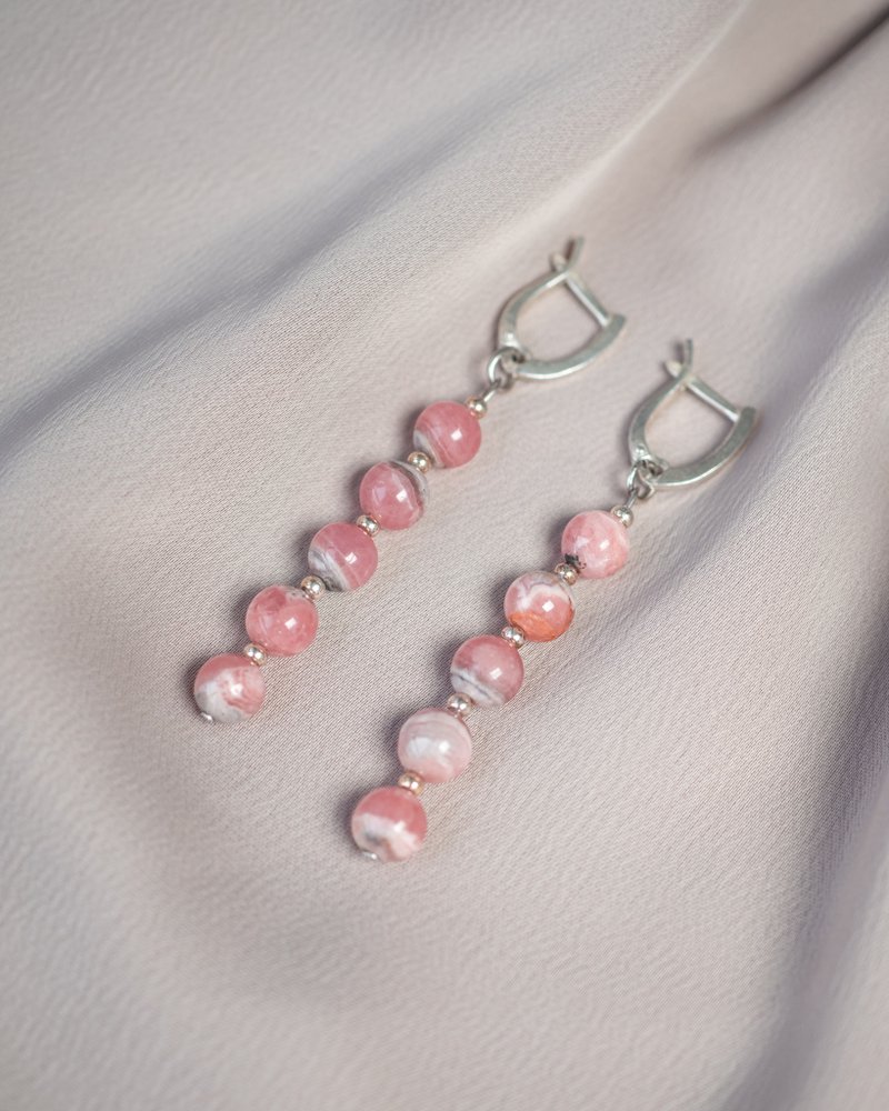 Rhodochrosite 925 Sterling Silver Earrings, Taurus Gemstone, Libra Crystal - 耳環/耳夾/耳骨夾 - 半寶石 粉紅色