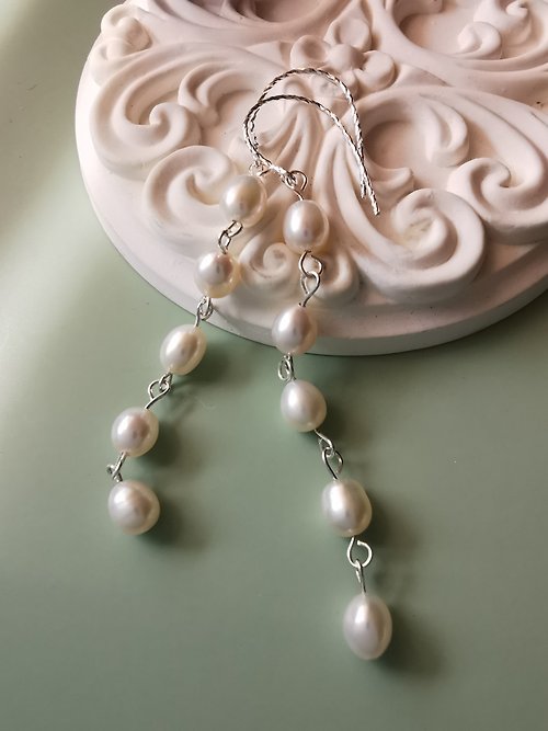 Athena珍珠設計 飄天然淡水珍珠流蘇銀耳環手作