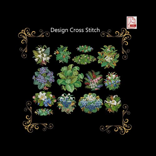 CreativeStudioElenka Vintage Cross Stitch Pattern set of colors , red flowers, flowers and leaves bor