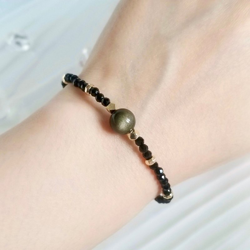 Golden Obsidian Black Spinel Minimalist Bracelet | August November Birthstone - สร้อยข้อมือ - คริสตัล สีดำ