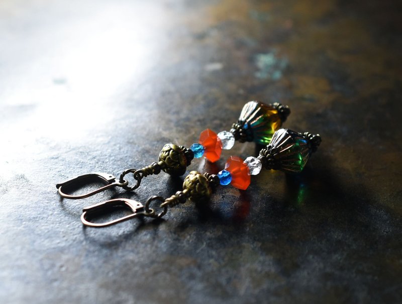 Blue and amber Czech beads and lotus brass, carnelian, quartz and apatite earrings - ต่างหู - แก้ว สีน้ำเงิน