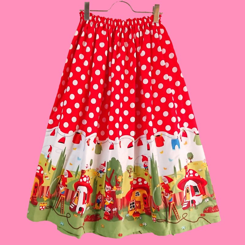【Made to order】HAPPY Mushroom House /Long Skirt/ made in JAPAN / USA fabric - Skirts - Cotton & Hemp Red