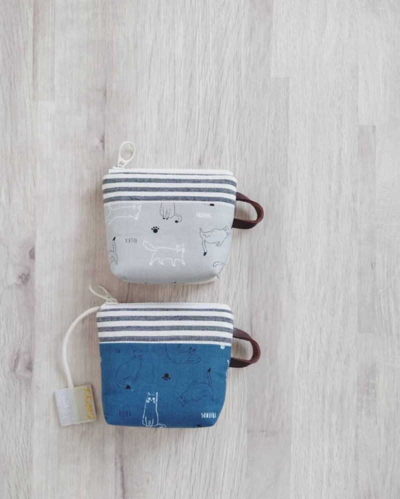 【FCP/來杯茶小物包】貓咪姿態 蓬蓬鋪棉 日本布 先染 棉麻 - 零錢包/小錢包 - 棉．麻 灰色