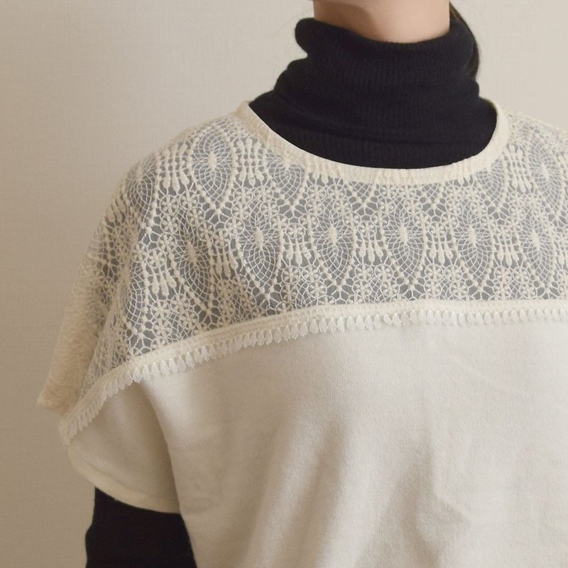 Switching lace knit ivory made to order - เสื้อเชิ้ตผู้หญิง - ผ้าฝ้าย/ผ้าลินิน ขาว
