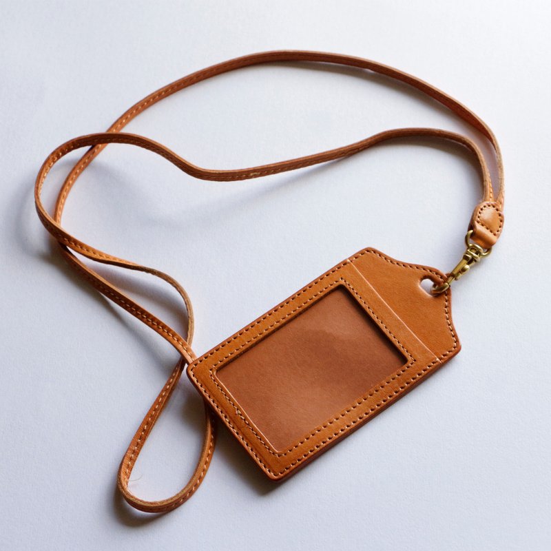 Name tag case Neck hanging ID card holder Cowhide name tag holder - Card Holders & Cases - Genuine Leather Orange