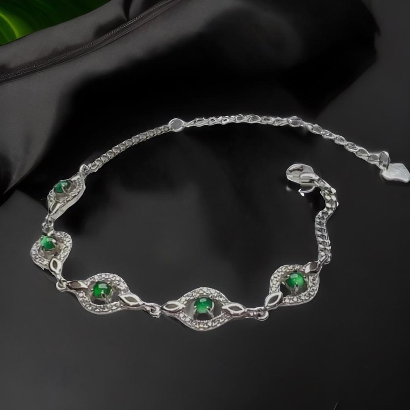 Ice Green Cabochon Jade Bracelet 925 Sterling Silver | Natural Burmese Jade Jade A Grade | Gift - สร้อยข้อมือ - หยก สีเขียว