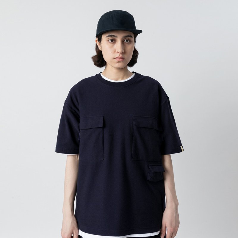 Smock Pocket Tee Navy 雙層工作口袋廓形寬松T恤藏青色 - 男 T 恤 - 棉．麻 