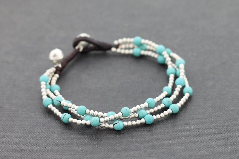 Turquoise Round Silver 3 Strand Bracelets Woven Beaded - สร้อยข้อมือ - โลหะ สีน้ำเงิน