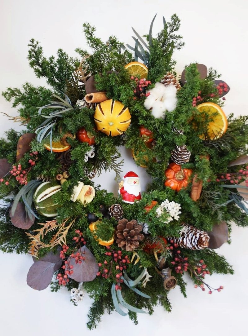 永生雪松聖誕老人豐盛花圈 - 乾燥花/永生花 - 植物．花 