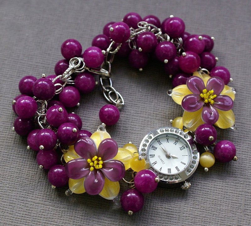 Lampwork flower watch, bracelet with purple glass columbine, floral ladies watch - Women's Watches - Glass Purple