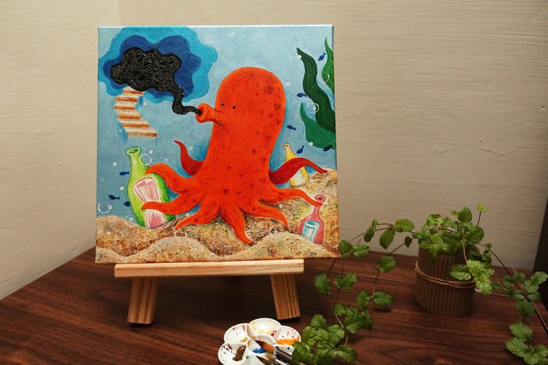 Octopus frameless painting/hand-painted with Acrylic paint/marine life fun/message in a bottle - Posters - Other Materials Red