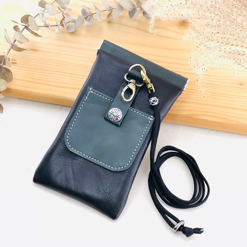 Splicing shrapnel multi-function mobile phone bag --- mobile phone case / earphone / card / cross-body phone bag - Phone Cases - Genuine Leather Black
