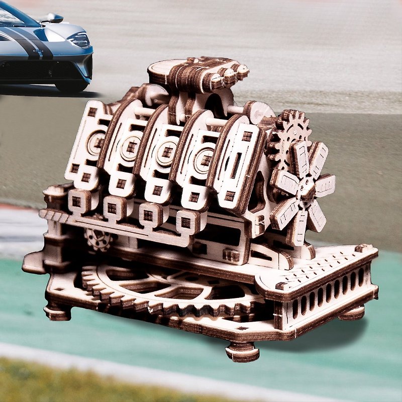 Hand-made power model V8 engine wooden combination movable toy - Wood, Bamboo & Paper - Wood Khaki