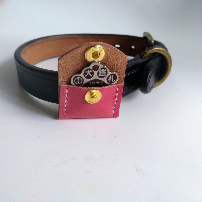 Genuine leather - hand sewn - hand dyed - dog tag holder - cherry pink - หมอน - หนังแท้ 