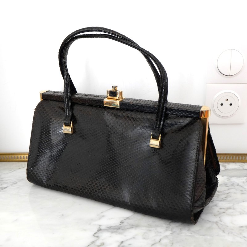 French Vintage Black Snakeskin Leather Handbag - Handbags & Totes - Genuine Leather Black