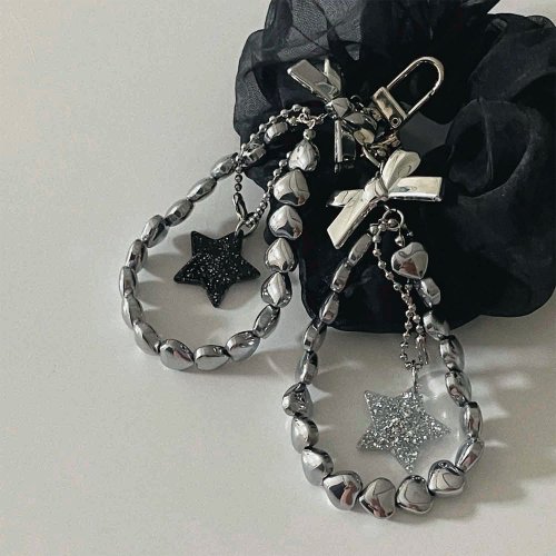 キッチュシルバーハート ビーズ ストラップ キーリング