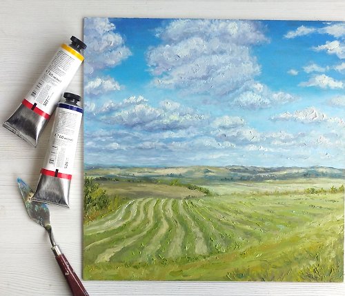 Rural Landscape Painting, Country Field Watercolor Original, Nature Art,  Sunset River Wall Decor, Cloud Sky, Gift