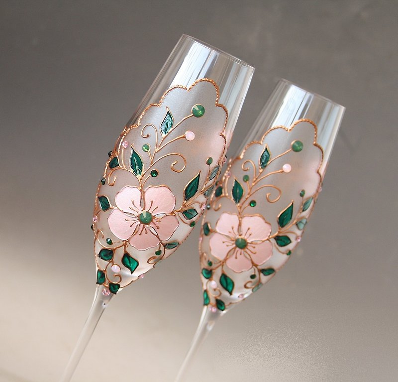 Floral Champagne Wedding Glasses,Rose Gold Pink Emerald, Hand Painted, set of 2 - 酒杯/酒器 - 玻璃 粉紅色