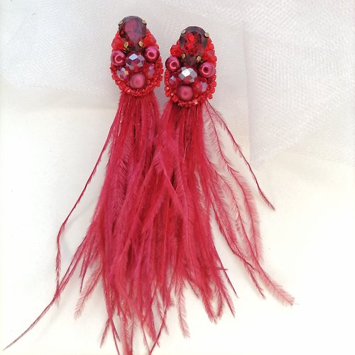 BroochWolli Feather earrings, Red feather earrings, Red earrings, Crystal earrings, Jewelry