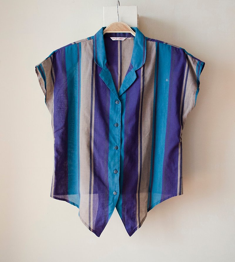 Blue-green geometric straight stripes early Hawaiian collar half-sleeve shirt Vintage Vintage - Women's Shirts - Cotton & Hemp 