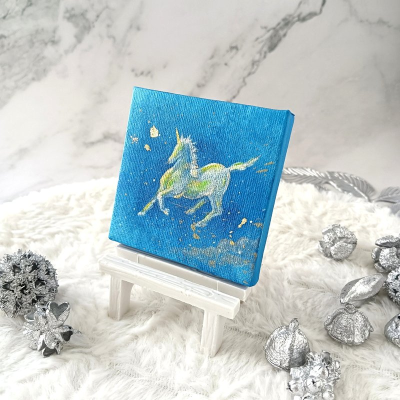【原画】ユニコーンの夢路　Dream Passage 夢の通り道 (ブルー)【金箔使用】ミニアート - ポスター・絵 - コットン・麻 ブルー