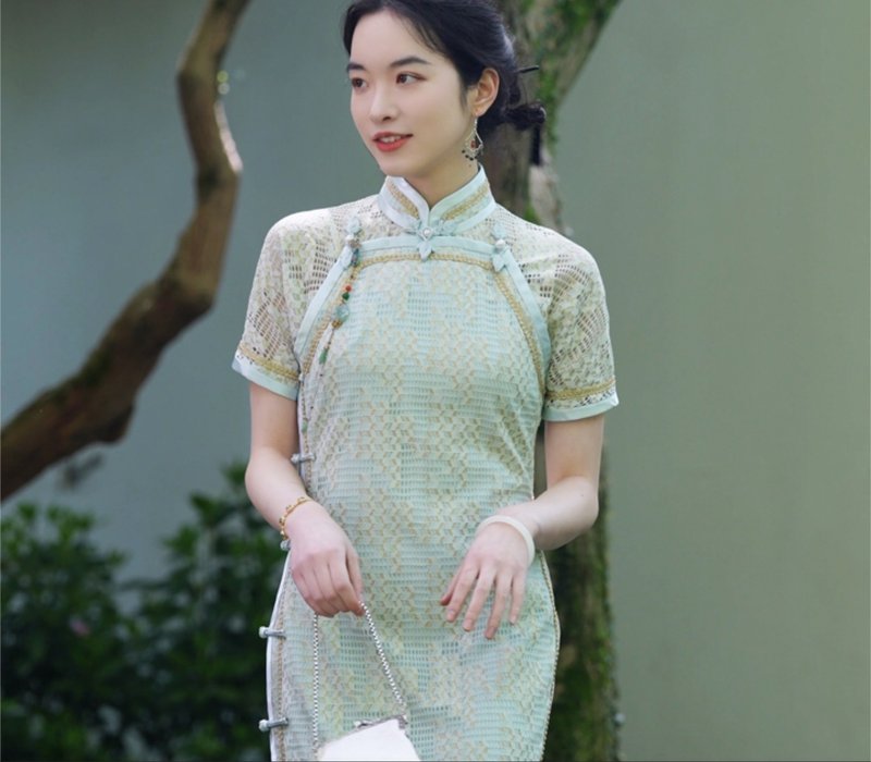 Jin Yuyan's new Chinese retro beautiful lace ancient double-breasted cheongsam - Qipao - Polyester Green