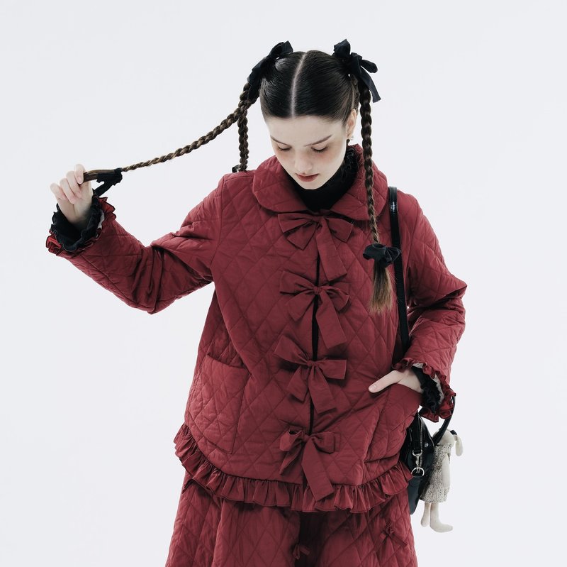 紅色菱格紋花邊中式棉服外套 - 女大衣/外套 - 棉．麻 紅色