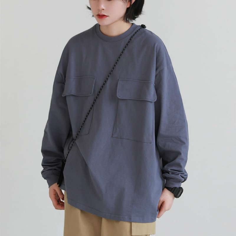 Gray-blue 3-color Japanese silhouette big pocket T-shirt round neck casual basic unisex loose top S-XL - เสื้อยืดผู้หญิง - ผ้าฝ้าย/ผ้าลินิน สีน้ำเงิน