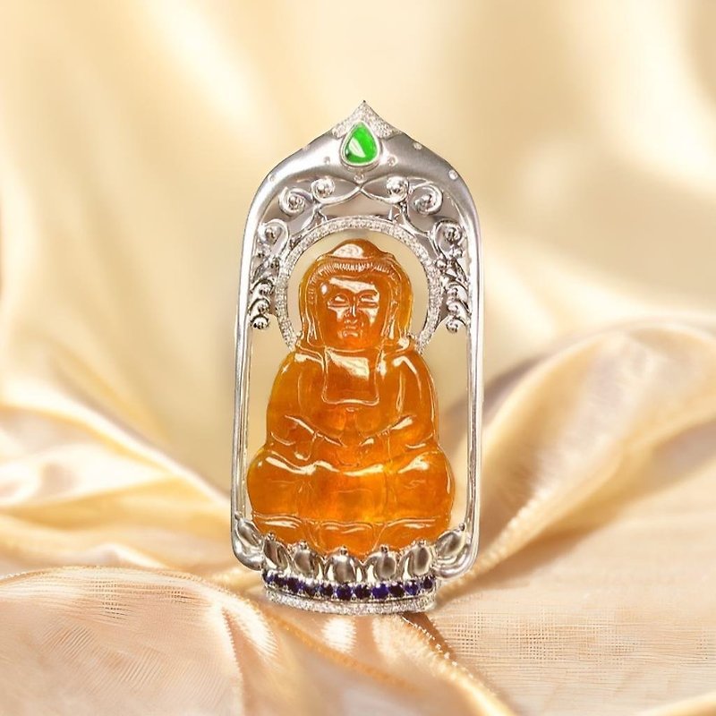 Ice Red Jade Jade Vase Avalokitesvara Bodhisattva Charm 18K Gold Diamond Inlay | Natural Burmese Jade Jade A - Charms - Jade Orange