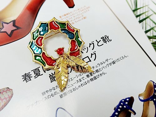 老時光製造所 vintage jewelry B.J 琺瑯聖誕彩色玻璃花圈別針