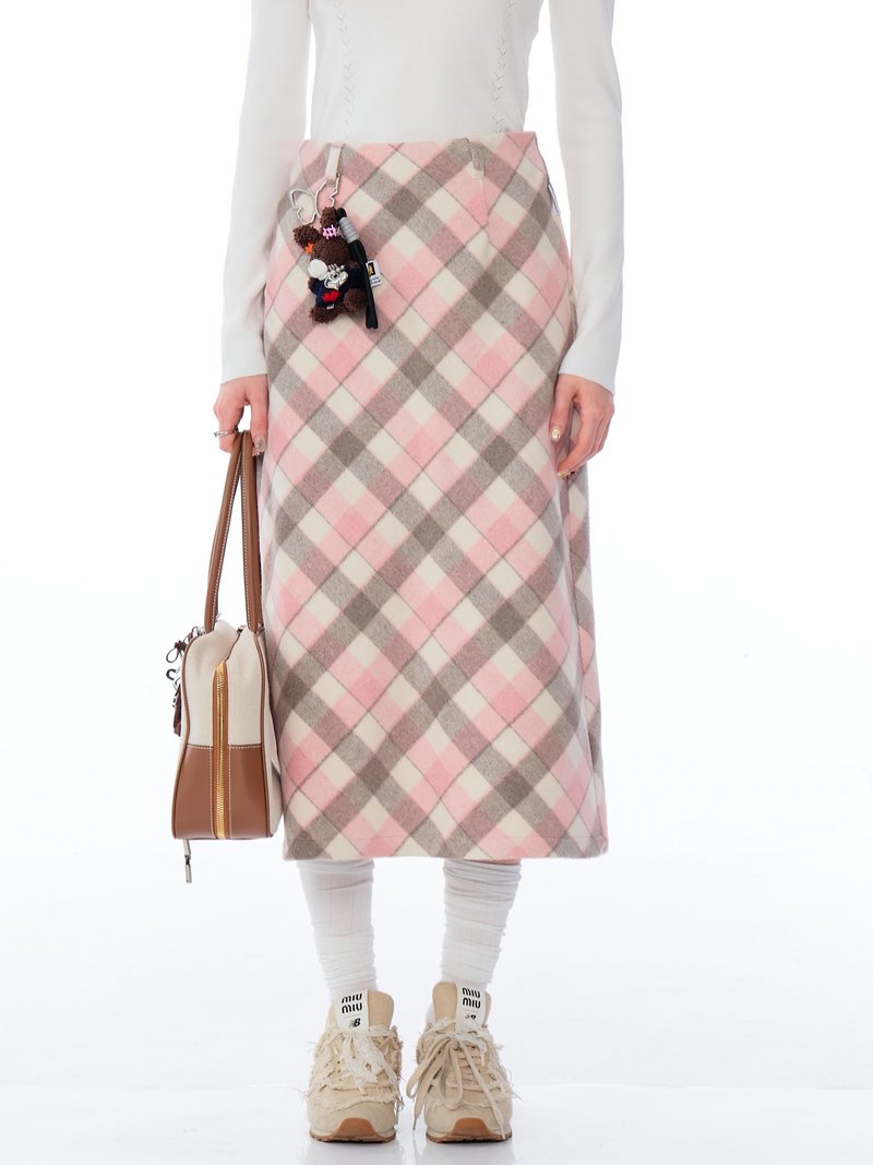 ziziFei autumn and winter American retro high waist slim pink and gray plaid medium and long wool plaid skirt for women - กระโปรง - วัสดุอื่นๆ สึชมพู