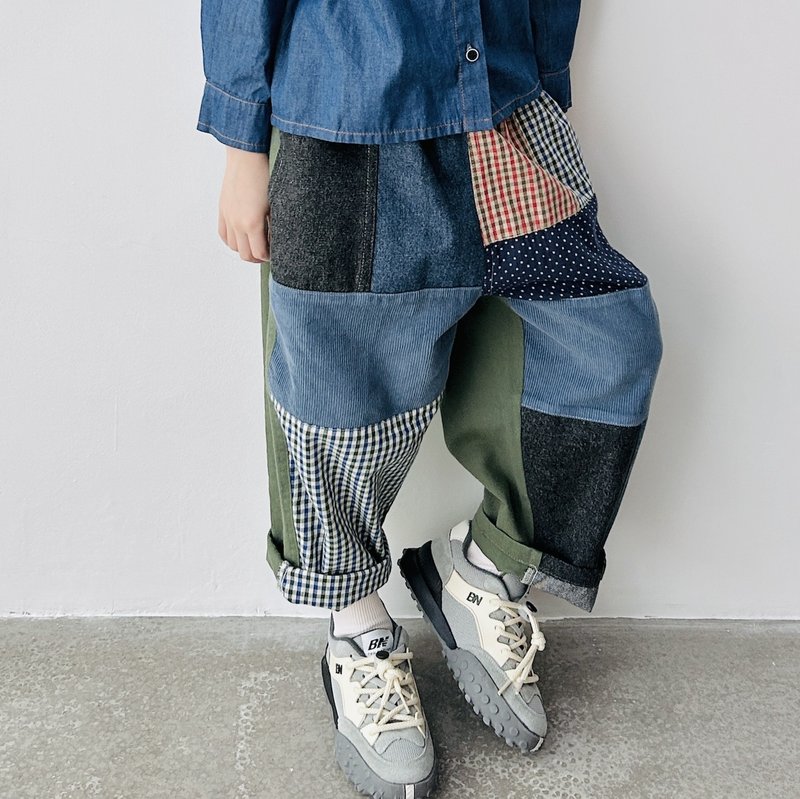 Japanese washed multi-patchwork casual pants/patchwork carrot pants children's clothing - กางเกง - ผ้าฝ้าย/ผ้าลินิน สีน้ำเงิน