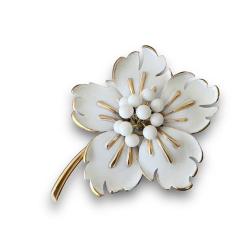 Elena Michel Vintage Kramer Vintage Brooch Flower White Enamel Floral Pin 1960s signed Kramer of NY