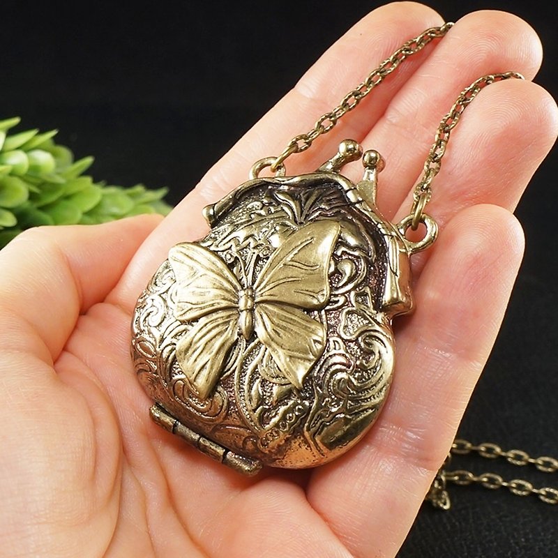 Gold Purse Locket Necklace Butterfly Bag Pendant Wish Keeper Box Memorable Gift - 項鍊 - 其他金屬 金色