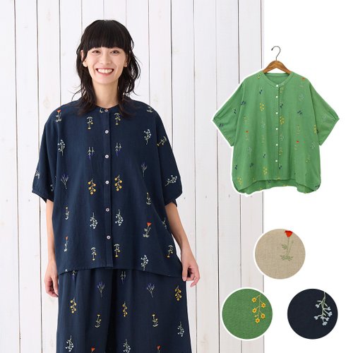 Moonstar House 星月屋 【預訂】印度製 花朵刺繡混麻襯衫