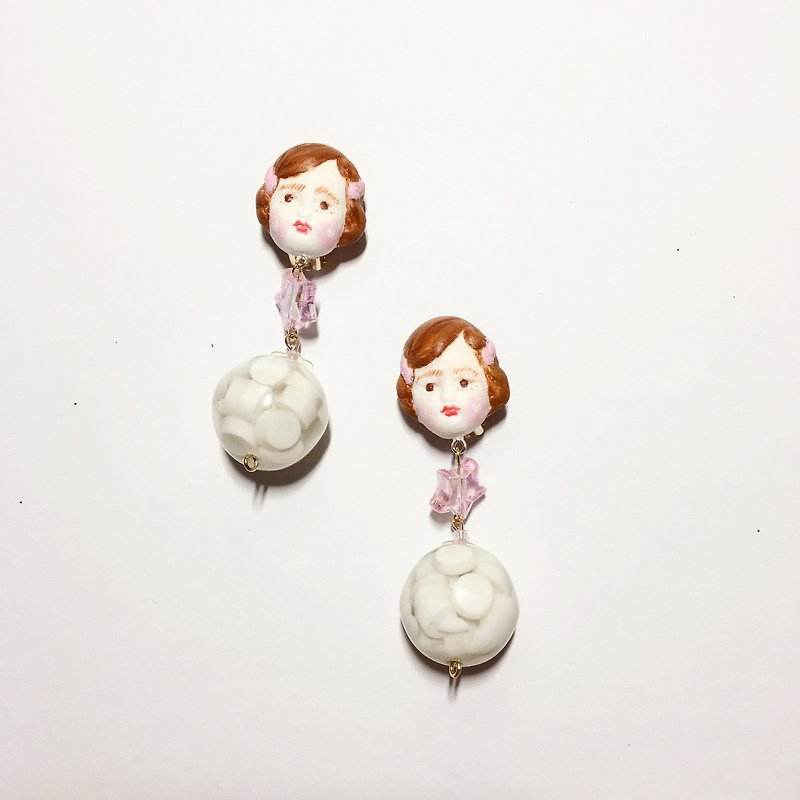 Cute pink retro doll clay hand-made earrings ear clips - Earrings & Clip-ons - Clay Pink
