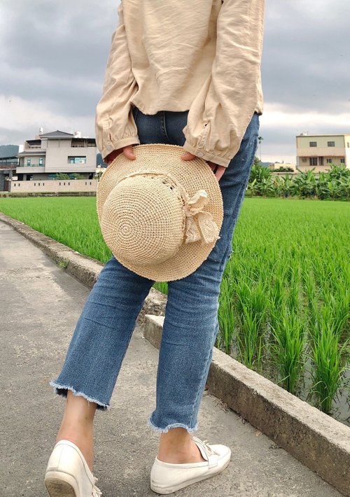 hm98k 走吧！編織 夏季/手工編織帽子。蕾絲綁帶紙線遮陽帽。草帽/休閒帽/登山帽