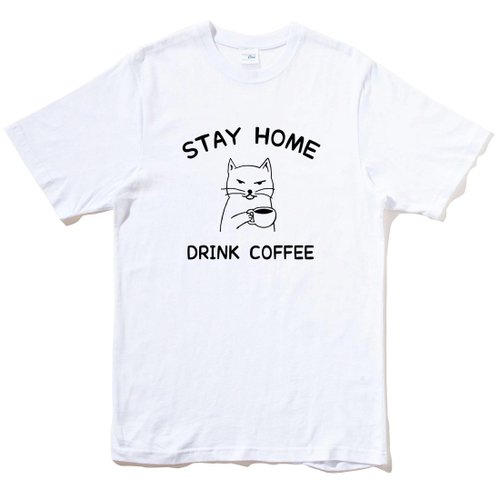 hipster STAY HOME DRINK COFFEE 中性短袖T恤 白色 待在家裡喝咖啡防疫