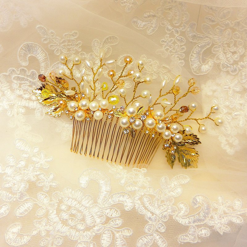 Wearing a happy autumn maple rice series - bridal hair comb. French comb. Self-service wedding - Blue Lake - เครื่องประดับผม - โลหะ สีทอง