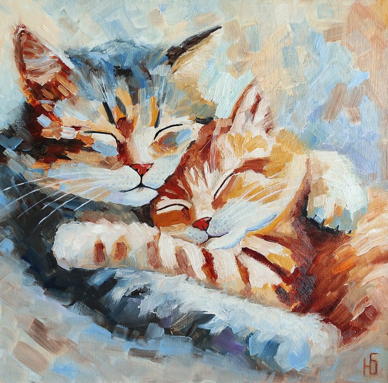 Couple Cats Oil Painting, Kitten Original Art, Romantic Pet Portrait, 手工油畫, 油畫原作 - 海報/掛畫/掛布 - 其他材質 多色