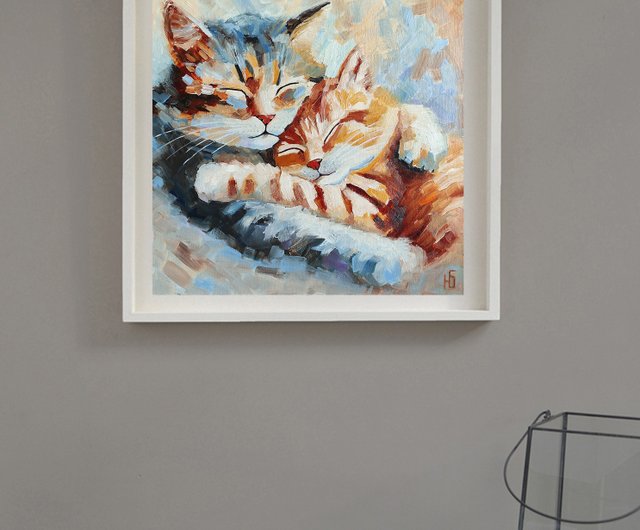 カップルの猫の油絵、子猫のオリジナル アート、ロマンチックなペットの肖像画、手工油スケッチ、油絵原作 - ショップ ColoredCatsArt  ポスター・絵 - Pinkoi