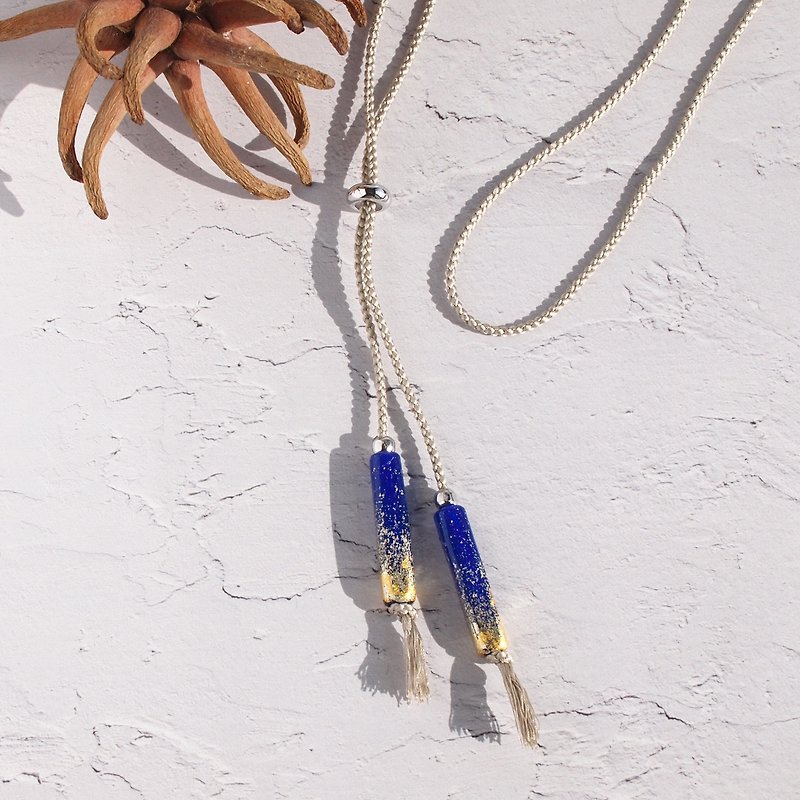 Made in Japan Lariat Necklace Ultramarine Silvered Glass Motif Metal Allergy Friendly Long Necklace - Necklaces - Silk Blue