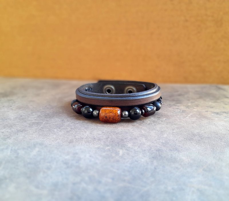 Natural Gemstone Beads Bracelet for Men, Garnet, Amber, Onyx Bracelet - 手鍊/手環 - 寶石 咖啡色