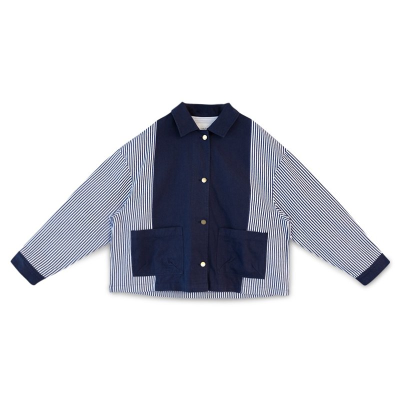 【Simply Yours】Striped patchwork heavy coat blue F - เสื้อแจ็คเก็ต - ผ้าฝ้าย/ผ้าลินิน สีน้ำเงิน