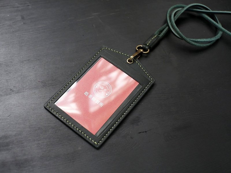 [Promotion] [Enlarged Window] Leather Straight Identification Card-Dark Green - ที่ใส่บัตรคล้องคอ - หนังแท้ 