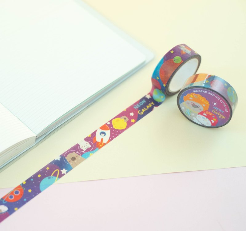 Mr. Bear and his cutie cat: Masking tape - Neon Galaxy - 紙膠帶/和紙/PET - 紙 藍色