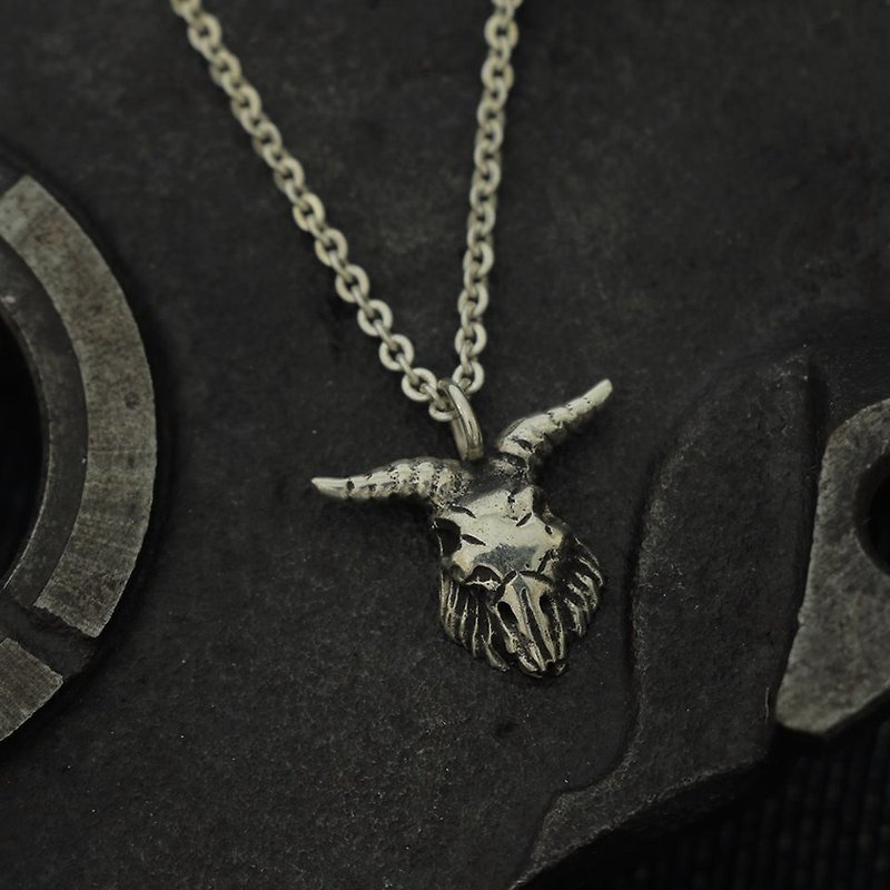 Goat Baphomet Vintage silver Pendant Necklace handmade tiny gift Satan Pentagram - Necklaces - Other Metals Silver