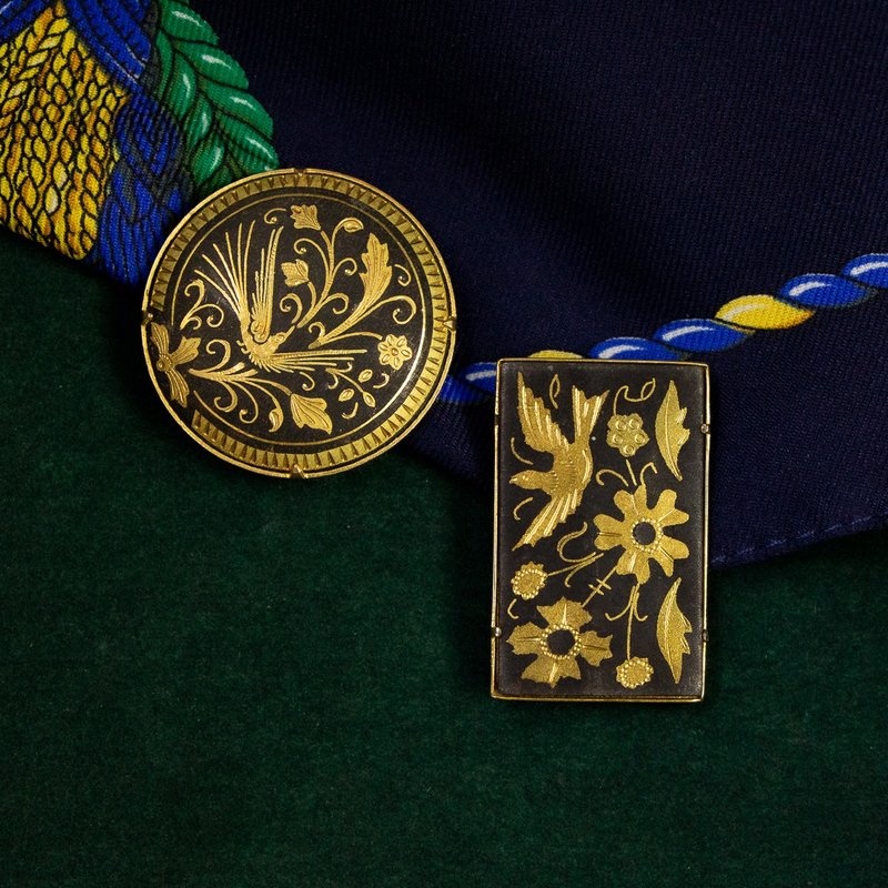 西班牙古董 大馬士革24K金屬鑲嵌工藝 鳥與花草圖騰 別針兩件 - 胸針 - 24k 金 金色